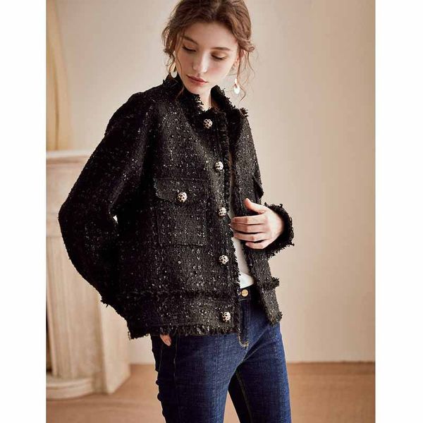 

women's suits & blazers coarse tweed small real loose coat woman 2021 temperament black short suit, White;black