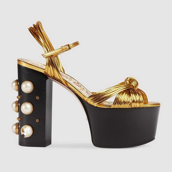 2022 nuove signore in pelle Pearl 12.5CM sandali tacco alto grosso torta di pino fondo spesso stampato peep-toes aperti piattaforma 5CM SCARPE annodate Europa e America 2 colori