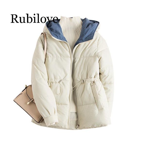 

rubilove down jacket pure color with thick down clothes hidden-interlocking hooded cotton-padded jacket, Black