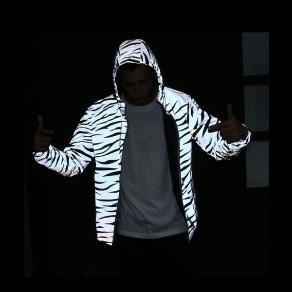 

mens fashion zebra stripes printed jackets coats reflective windbreaker jackets casual hip hop male zipper contrast color, Black;brown