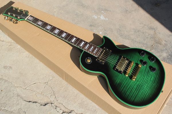 

standard factory custom green electric guitar with flame maple veneer,gold hardware,rosewood fretboard,green binding,offer customized
