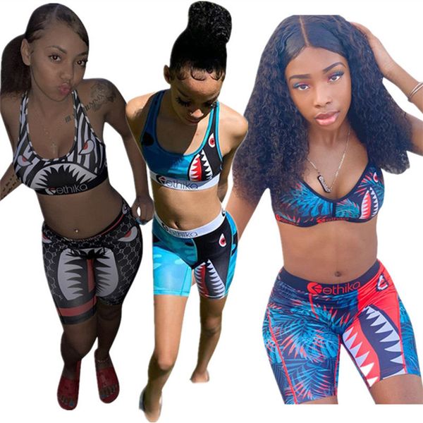 

cartoon shark print tracksuit swimsuit sports push up bra vest + shorts short-pants 2 piece outfits camo bodycon swimwear fashion sportswear, White
