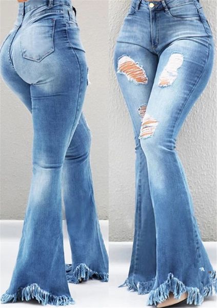 

women designer washed flare jeans fashion skinny womens pants womens casual high wast jeans with tassel, Blue
