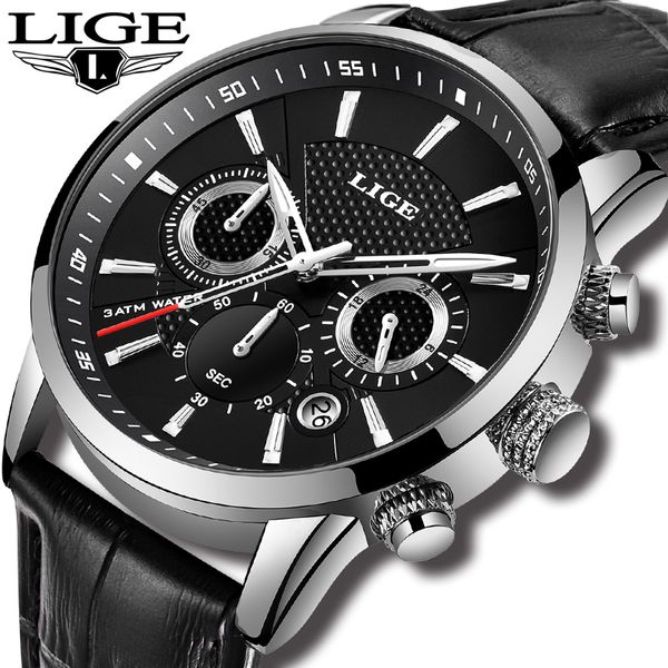 

new mens watches lige mens leather sport watch men waterproof multifunction quartz wristwatch relogio masculino, Slivery;brown