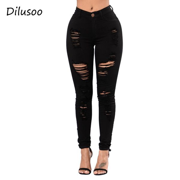 

dilusoo women ripped denim jeans pecil pants holes jeans europe slim elastic pants full length trousers mid waist vintage denim, Blue
