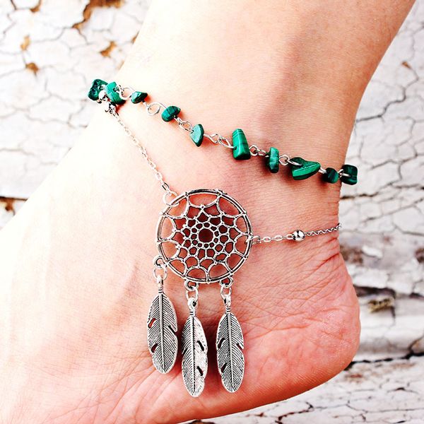 

cross-border selling feet fashion irregular natural peacock turquoise hollow dream catcher feather anklet, Red;blue