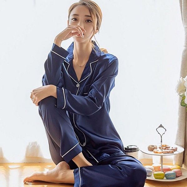 

womens silk satin striped pajamas set long sleeve sleepwear pijama pajamas suit female sleep two piece set loungewear plus size, Blue;gray