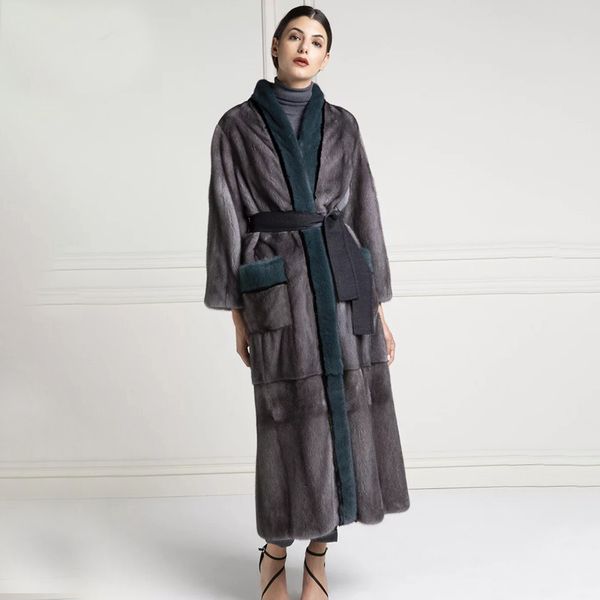 

women's fur & faux long real/nature coat with belt fashion women natural mink/fur jacket luxury russian winter pelt coats woman 2021, Black
