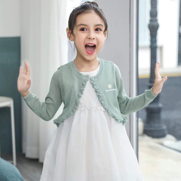 

ice silk girl knitted cardigan thin coat sunscreen air conditioning shawl air-conditioned shirt children's embroidered shawl, Blue