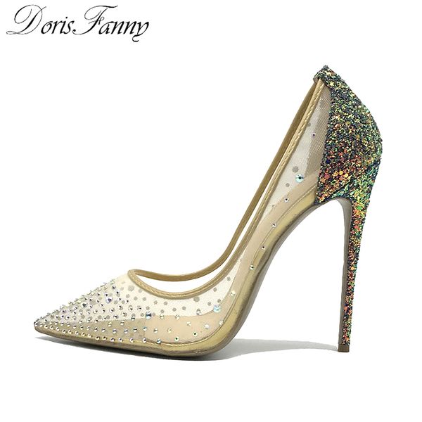 

doris fanny crystals women shoes high heels stilettos glitter shoes wedding high heels pumps 12cm large size 44, Black