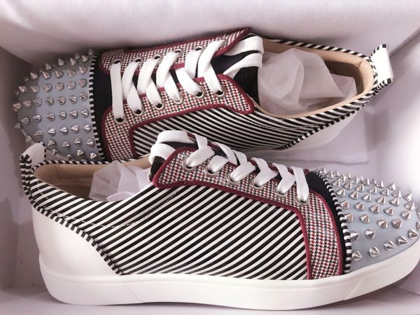 

real p,original box]red bottom junior spikes orlato flat stripe patent leather mens womens casual walking round-toe sneakers, Black