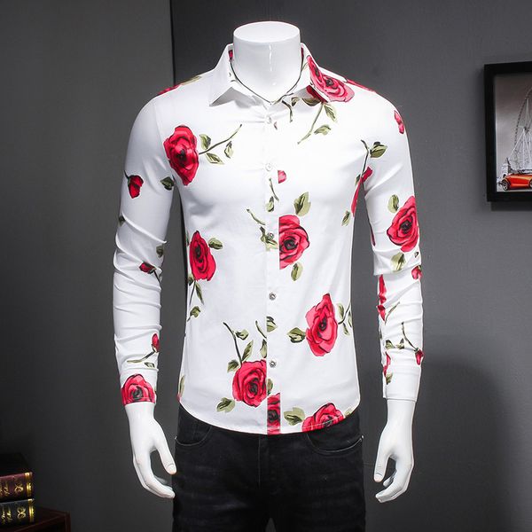 

mens floral shirt long sleeve 2020 fashions white shirt for men streetwear spring polyester fiber shirts, White;black