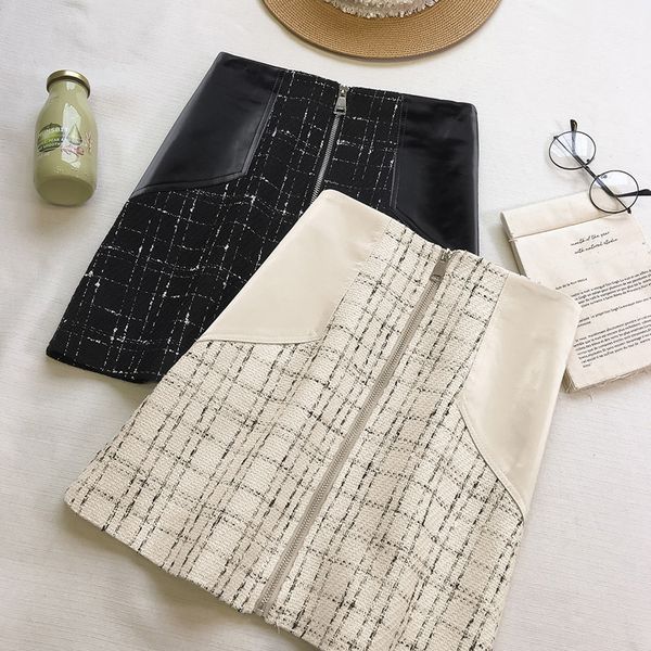 

women skirts cotton polyester grid pattern a-line pu pocket black short skirt casual winter fabala hem short skirt