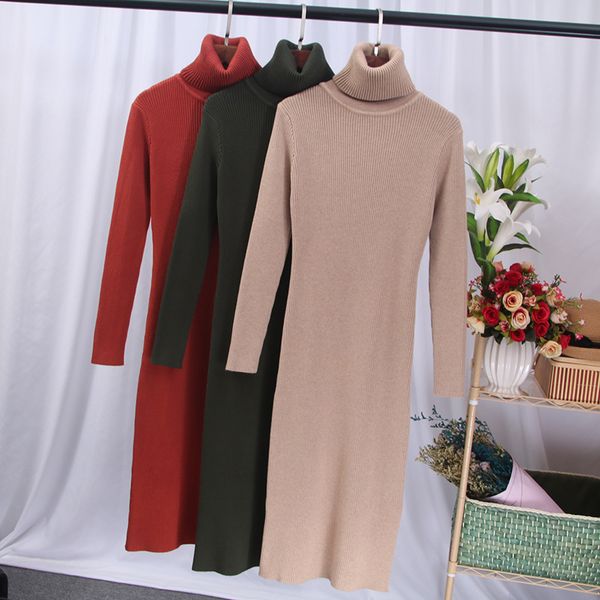 

onlysvter turtleneck women sweater dress autumn winter thick dresses knee-length long female warm dress, Black;gray