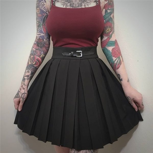 

instagothic high waist pleated skirts women 2019 punk school style ruched black pleated mini skirts buckle streetwear spring