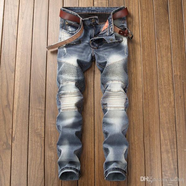 

мужские проблемные рваные джинсы тощий модельер slim fit мотоциклов мото байкер причинная denim брюки hip hop брюки 001-1, Blue