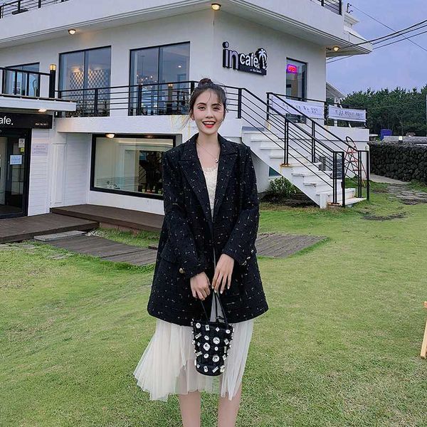 

2020 spring and autumn new youth popular small fragrance printed loose double-breasted suit fashion casual wild shirt black, White;black