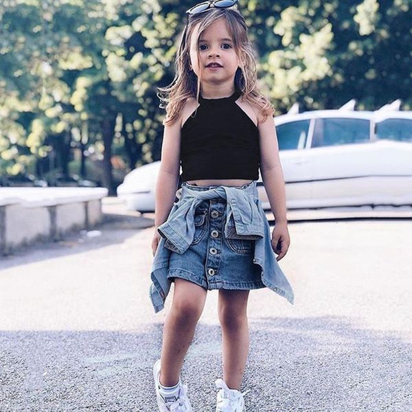 

toddler girls outfit girls clothes sets 2020 fashion outfits black vest tank & denim mini skirts 2pcs 1-6y kids clothes set, White
