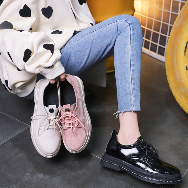 

shoes on heels round toe 2019 fashion women's casual female sneakers flats all-match british style oxfords modis winter new, Black