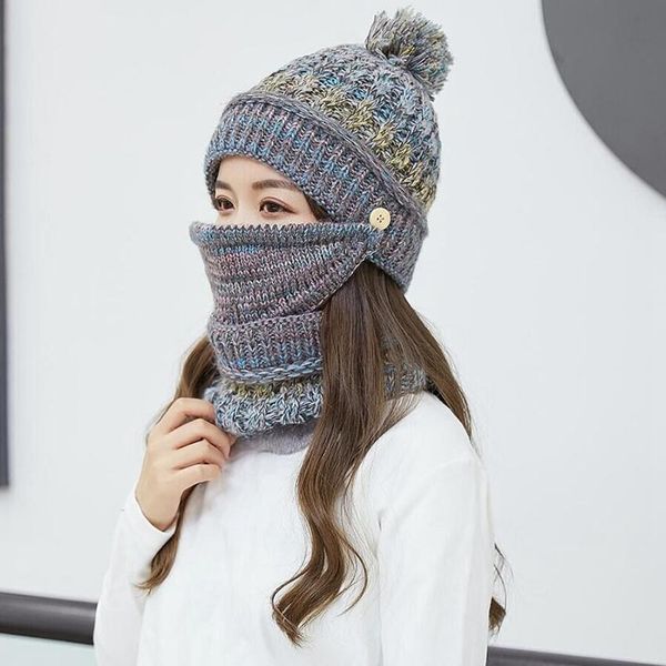 

winter hats women knitted hat warm fur ball pompom cap bib mask ear protector scarf 3 in 1 warm hats jj20179, Blue;gray