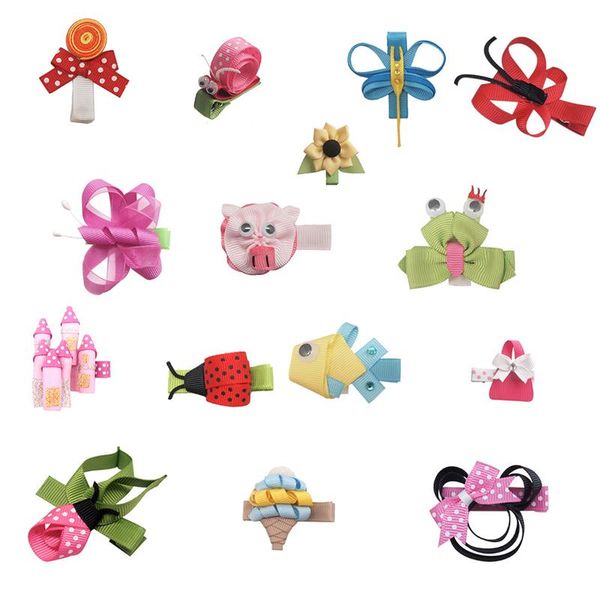 

15pcs baby hair bows animal pattern ponytail holder grosgrain ribbon boutique barrettes clips hair accessories, Golden;silver