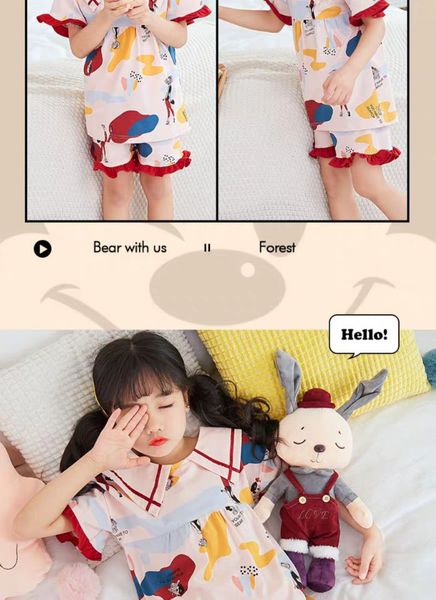

girls' pajamas children's summer cotton short sleeve thin medium and large children's princess baby home clothes set, Blue;red