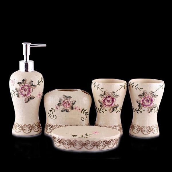 

modern natural resin shell 5-piece set high-end mouthwash cup soap soap toothbrush holder bathroom kit water dispenser shower