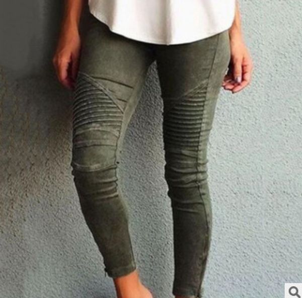 

байкер джинсы женщины хлопок омывается урожай плиссированные брюки карандаш zipper высокой эластичностью узкие брюки, Blue