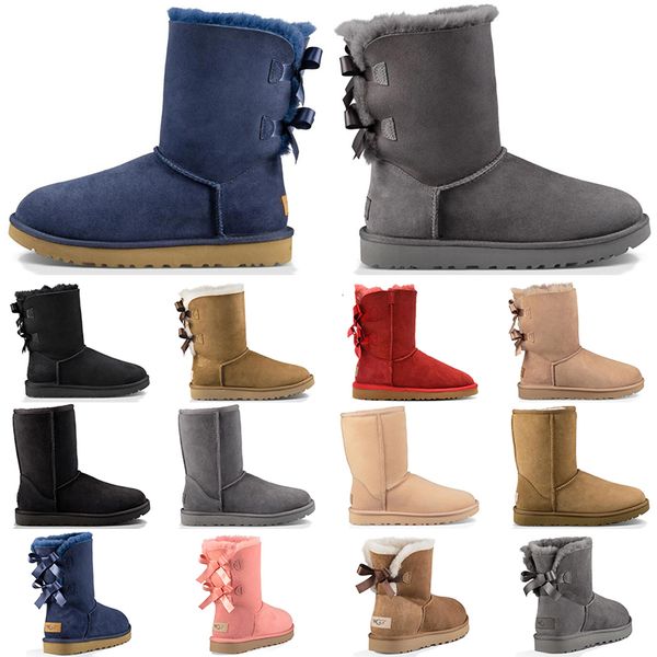 

New Luxury Designer Australia women winter snow boots classic ankle kneel shoes short bow fur boot black Chestnut fashion size 36-41