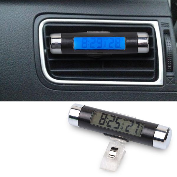 

new 2in1 car auto lcd clip-on digital temperature thermometer clock calendar automotive blue backlight clock
