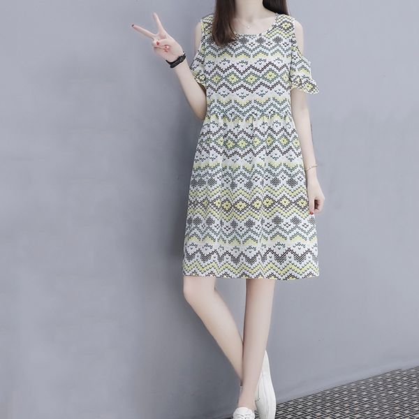 

women's casual loose dress fashion round neck off shoulder floral print party slim fit dress, Black;gray