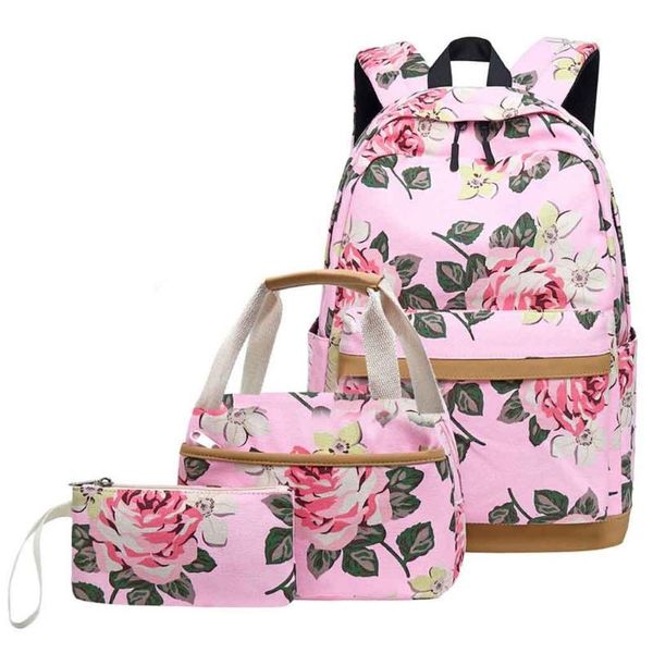 

women's new printed three-piece backpack backpack female usb computer student canvas school bag lunch bag