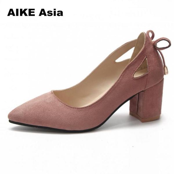 

women pumps thick heel female shoes pointed toe high heels bow ladies party shoes slip on shoes black plus size 35-44