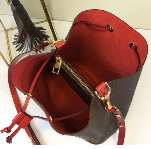 

messenger genuine leather bucket lady designer women bag drawstring handbags flower crossbody purse fashion famous printing handbag adpje, Red;black