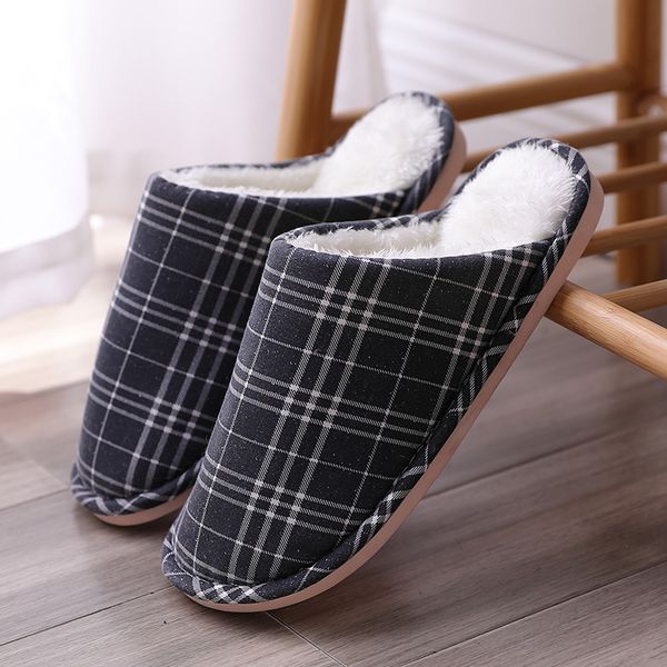 

hkxn 2019 new lattice flats home slipper woman shoes winter warm cotton slippers couple home slippers indoor flat warm slipper, Black
