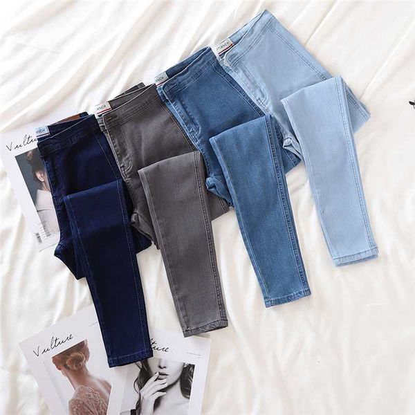 

high waist jeans women spring high elasticity slim pants leggings autumn fashio hip lifting grey denim pencil pants, Blue