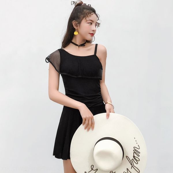 

women's dress slant shoulder flounder sweet swim swimsuit one-piece small waist slim beach swimming suit, White;black
