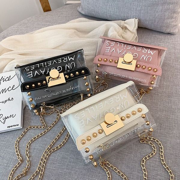 

small square bag with clear rivet and bright jelly chain