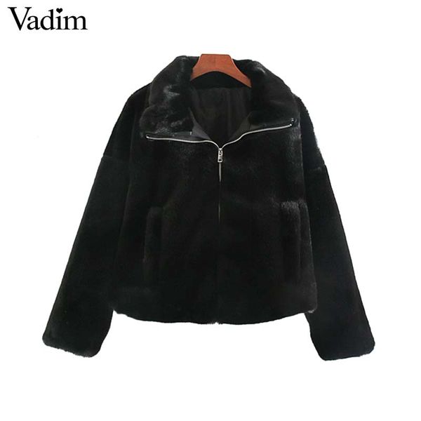 

vadim women elegant warm fur coats zipper pockets drawstring jackets female outwear solid loose ca597, Black