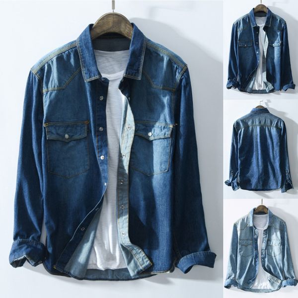 

blouse slim fit men's casual men's new fashion autumn winter casual denim long sleeve pockets blouse camisa masculina#813, White;black