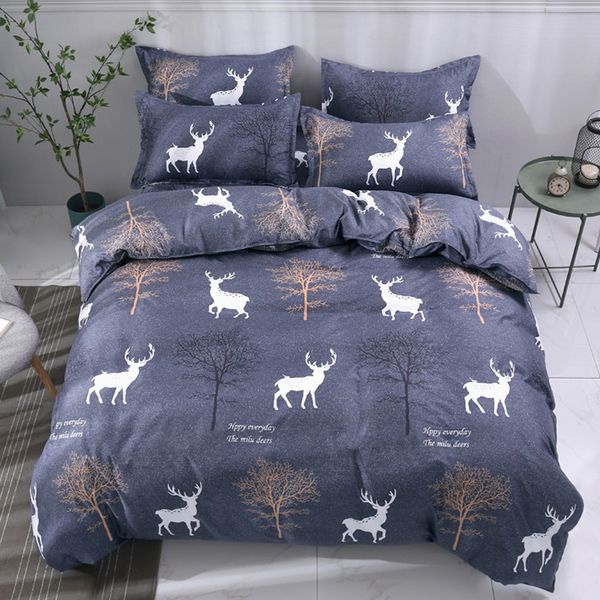 Cartoon Grey Trees Deer Bedding Set Twin Queen King Size Girls