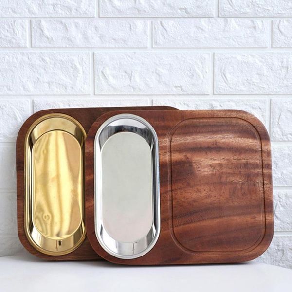 

serving tray rectangular wood dinner fruit snack compartment storage tray with copper plate kitchen storage