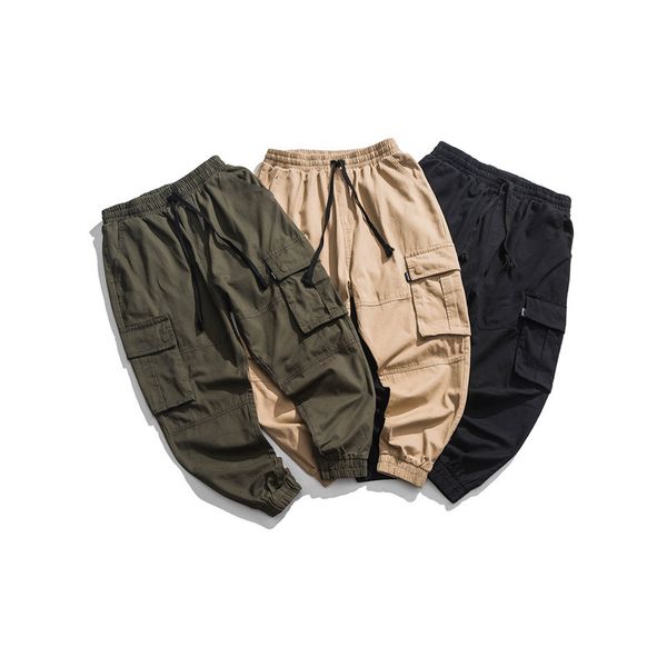 

men vintage cargo pants 2019 mens hiphop khaki pockets joggers pants male korean fashion sweatpants winter overalls, Black