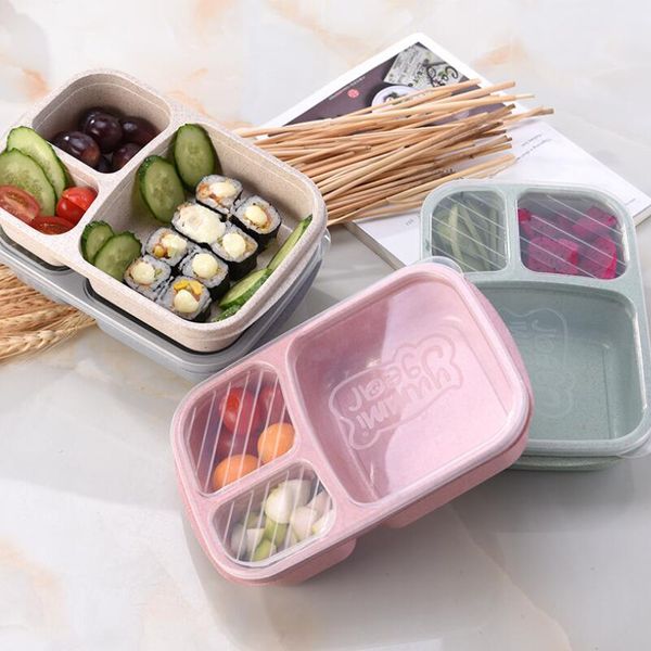 

student lunch box 3 grid wheat straw biodegradable microwave bento box kids food storage box school food containers with lid lx7292