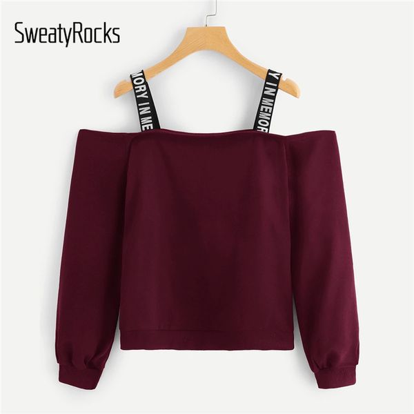 

sweatyrocks burgundy cold shoulder letter taped sweatshirt straps casual pullovers 2019 spring streetwear women sweatshirts, Black