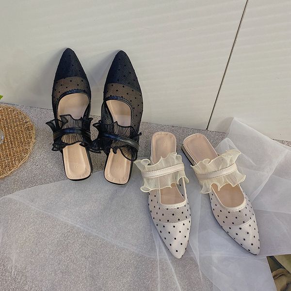 

pointed toe flat shoes female mules for women 2020 square heel ladies' slippers pantofle slides cover block new, Black
