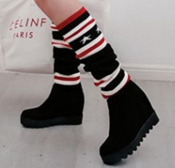 

sapato feminino women boots knee high wedge shoes woman mid med heels platform autumn spring booties slip on chaussures xz181618, Black