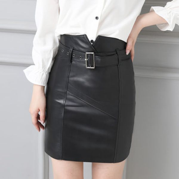 

2019 women slim genuine sheep leather skirt p18, Black