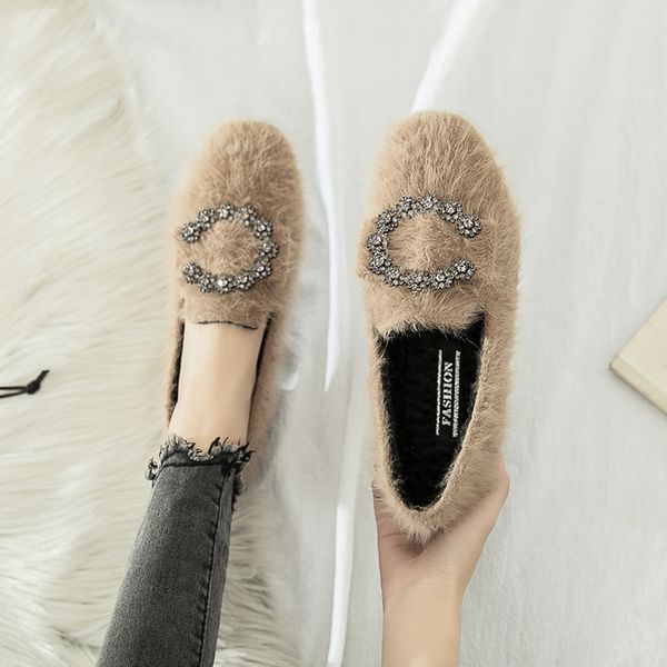 

2019 fashion women's female shoe metal chain loafers fur casual woman platform shoes slip-on square toe all-match crystal modis, Black