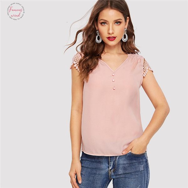 

pink half placket contrast lace cap sleeve button plain blouse women office lady 2019 spring summer v neck blouses, White